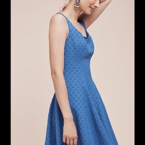 Eva Franco Anthropologie  short sleeves electric  blue short Fit and Flare Dress - Picture 2 of 9